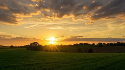 Fototapeta premium Vibrant Sunset Over Golden Fields: Capture Nature's Beauty for Wall Art, Desktop Backgrounds, and Calming Decor