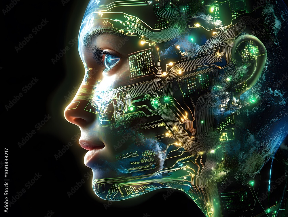 Aufkleber futuristic human-machine interface concept with digital patterns, circuitry, and a glowing face acce