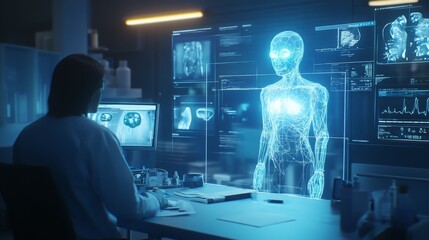 A medical professional is focused on a holographic display showcasing human anatomy in a modern research lab. The screens reveal various health metrics and medical imaging data for analysis.