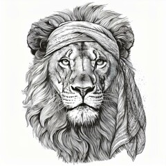 Obraz premium illustration of a black and white lion with headscarf on charcoal drawing isolated on white background