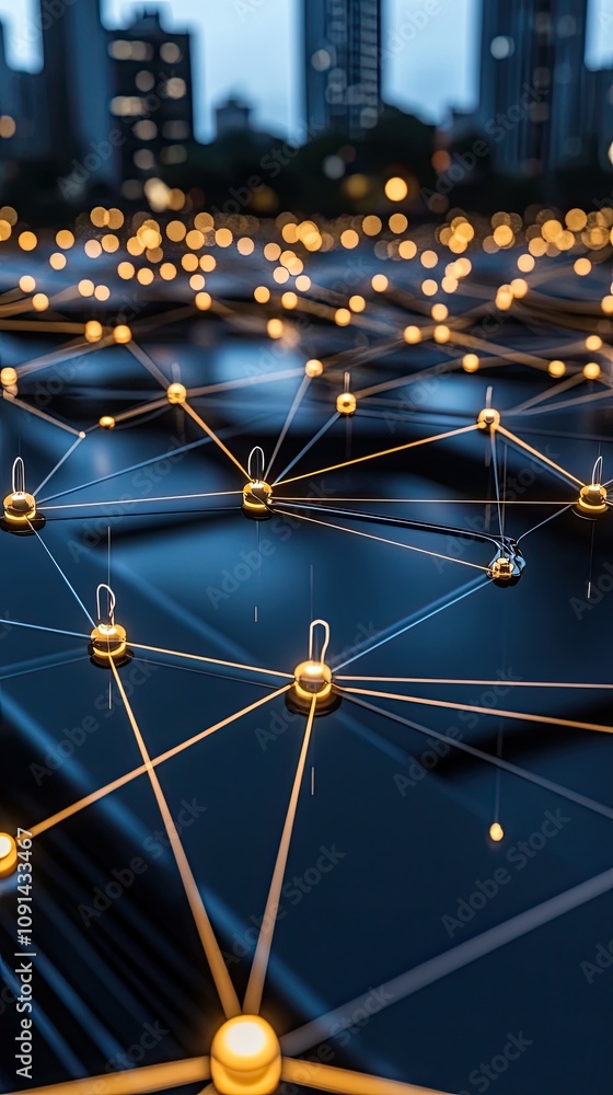 Poster an abstract representation of digital technology features glowing blue lines and dots interconnected