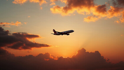 Fototapeta premium Silhouette of an airplane flying against an orange sunset sky.