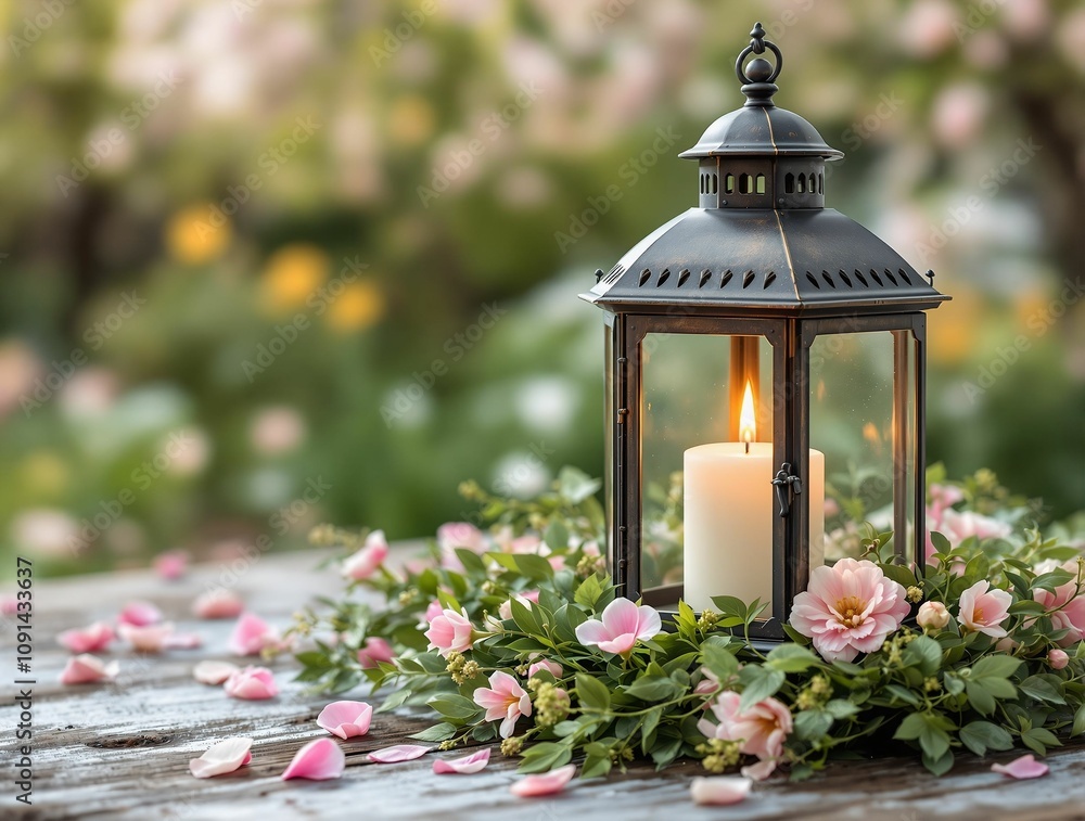 Aufkleber a close-up of a vintage lantern with a flickering candle inside, surrounded by fresh greenery and so