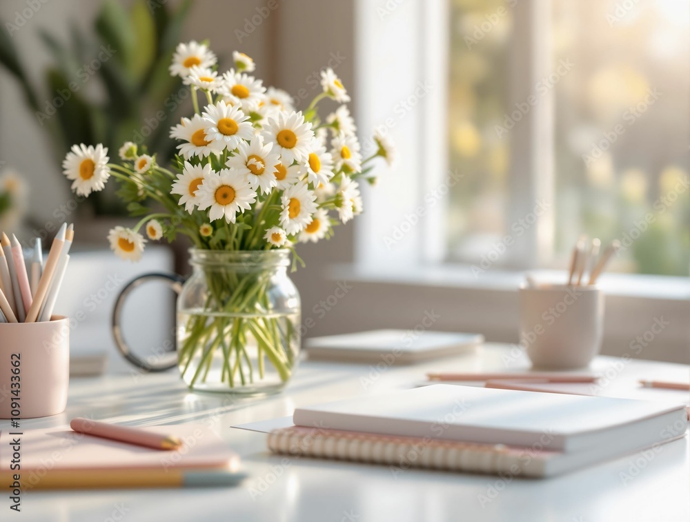 Poster A minimalist spring workspace setup with a clean white desk, a vase of daisies, and pastel-colored stationery, glowing morning light and blurred soft bokeh in the background