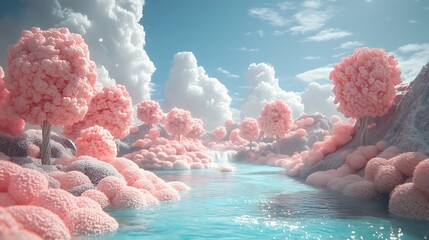 Dreamy confectionery world with sugary hills candy floss clouds and a sparkling chocolate river