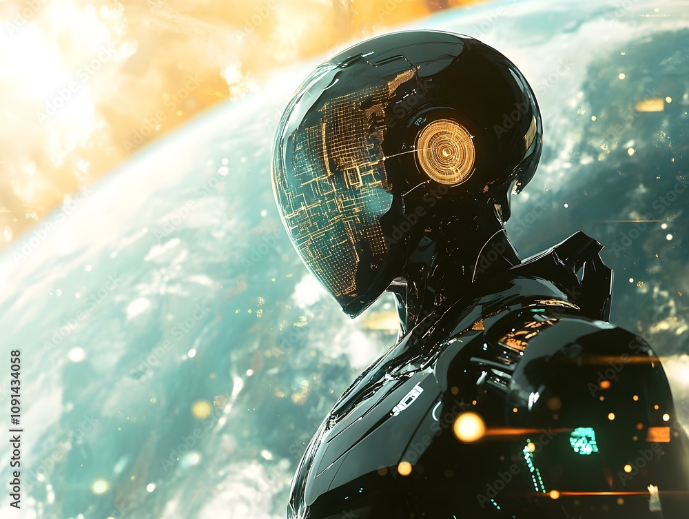 Poster futuristic robotic figure gazing towards a distant planet, showcasing advanced technology and a prof