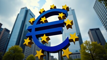 A large blue Euro symbol (€) adorned with golden stars, standing prominently against the backdrop of modern skyscrapers in Frankfurt. A symbol of European economic unity.