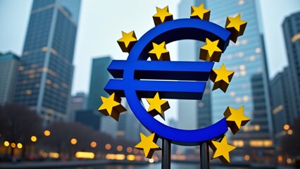 A large blue Euro symbol (€) adorned with golden stars, standing prominently against the backdrop of modern skyscrapers in Frankfurt. A symbol of European economic unity.