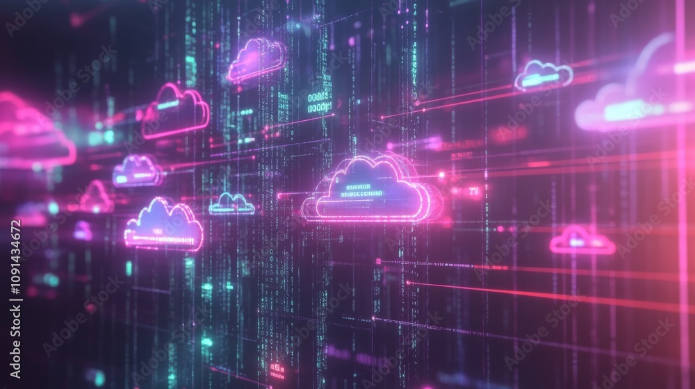 Poster Digital cloud icons in pink and blue light float in front of a glowing digital code background.