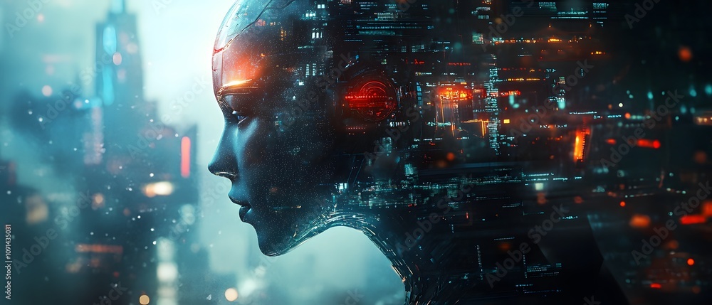 Leinwandbilder futuristic female cyborg profile with digital data overlays in a neon-lit urban environment, represe