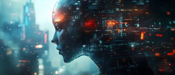 Futuristic female cyborg profile with digital data overlays in a neon-lit urban environment, representing AI technology and human-robot interaction in a high-tech cityscape