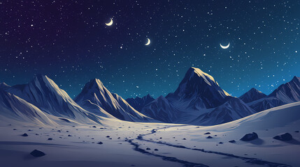 Moonlit mountain landscape with snowy peaks - a serene night landscape showing snow-covered mountains under a starry sky with a moonlit path. Moonlit Snowy Path. Illustration