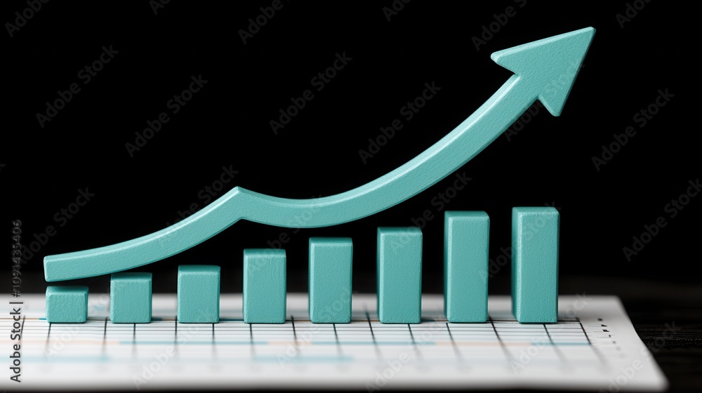 Poster growth chart with rising arrow and bar graph on paper showing positive trends in business performanc