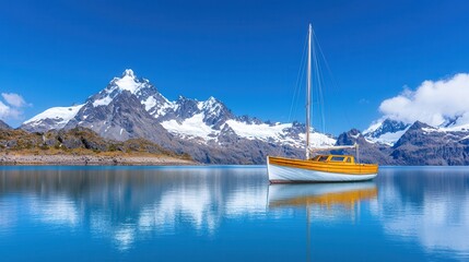 Obraz premium Serene Boat on Calm Waters with Majestic Mountain Range Reflected Under Clear Blue Sky in Picturesque Landscape of Glacier Bay