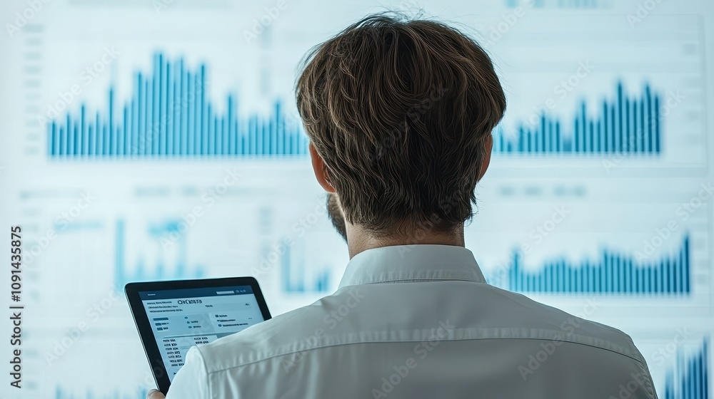 Aufkleber business analyst observing data trends on display screens while using a tablet to enhance decision-m
