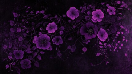 A dark background adorned with intricate purple floral designs.