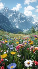 Fototapeta premium Lush alpine meadow with vibrant wildflowers and snow-capped mountains.