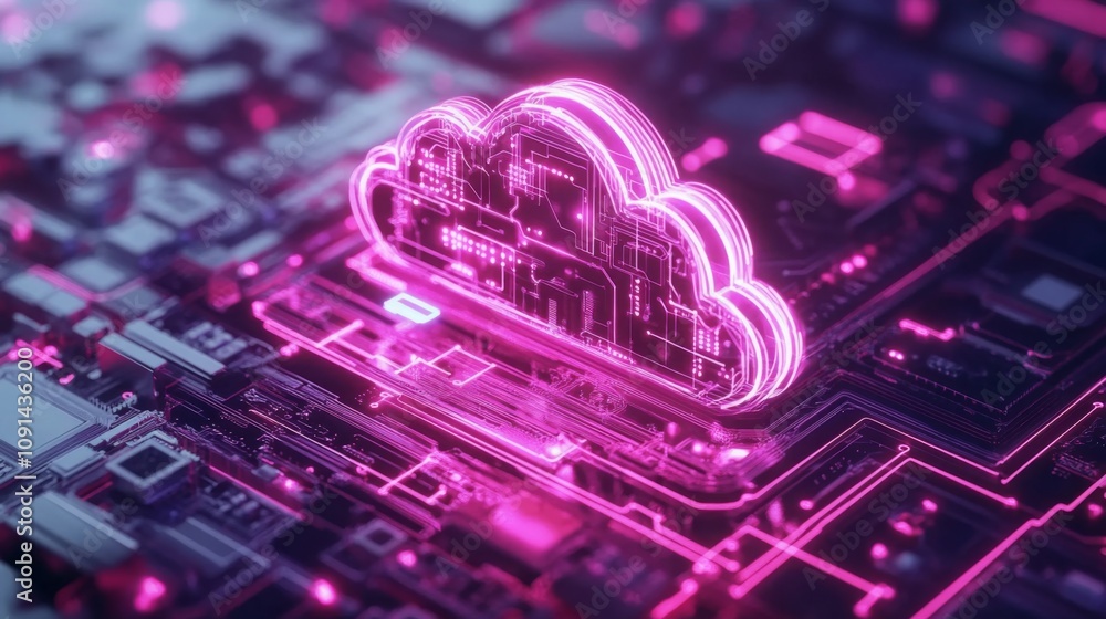 Poster A pink cloud icon is illuminated and positioned atop a circuit board. The icon is composed of a series of lines resembling circuits, creating a glowing effect.