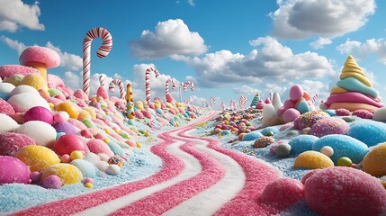 Sweet candy world with sugar-coated landscapes colorful candy canes and a chocolate-draped hilltop