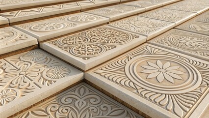 Obraz premium Intricate stone tiles showcasing detailed carvings in a bright setting during daylight