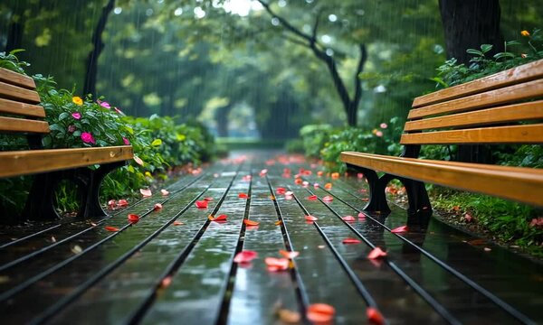 A serene park scene with benches and flower petals after rain.