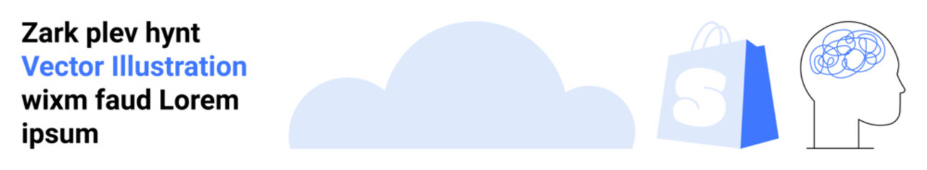 A cloud icon, a shopping bag with S letter, and a human profile with brain wiring. Ideal for cloud computing, e-commerce, cognitive science, online shopping, technological advancements. Landing page