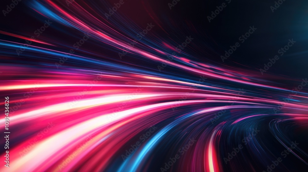 Poster Vibrant abstract background showcasing dynamic lines of light in shades of pink and blue, representing high-speed data transfer and digital connectivity.