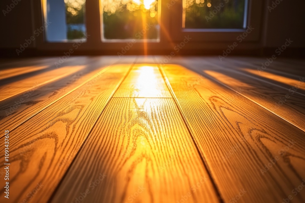 Poster a wooden floor with sunlight streaming in from the window