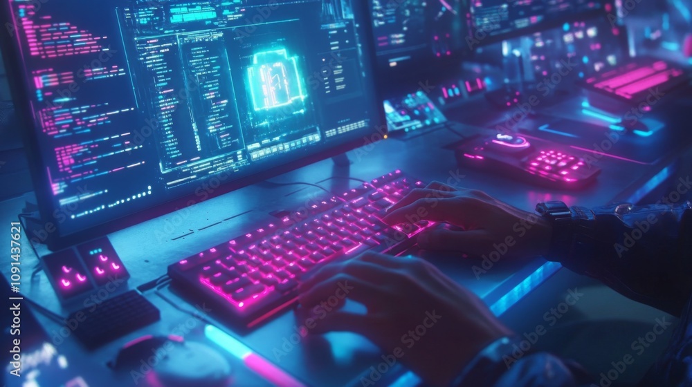 Poster A person types on a glowing keyboard in a high-tech workspace filled with multiple screens displaying intricate code and vibrant digital graphics. The ambient light creates a futuristic atmosphere.