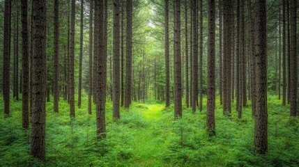 Fototapeta premium Lush Green Forest Path Between Tall Pine Trees