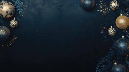 Elegant dark blue and gold Christmas ornaments arranged on a deep backdrop, featuring a festive design ideal for personalized greeting cards.