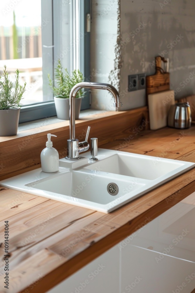 Poster a white kitchen sink located next to a window with a view