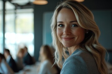 Fototapeta premium A smiling woman with long blonde hair sits in a meeting room, ready for discussion
