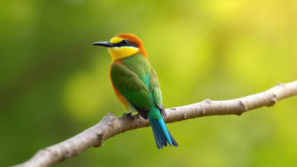 Obraz premium European bee-eater in a horizontal shot, showcasing its plumage, perched on a branch against a bright blurred green background. Perfect for banners, posters, eco campaigns, and wildlife materials.