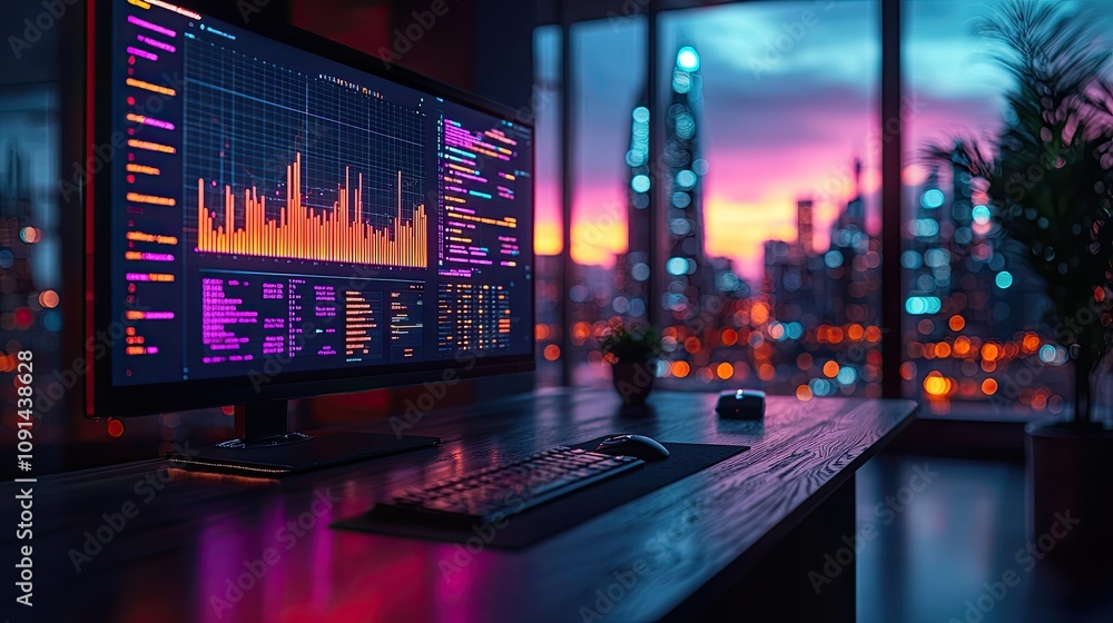 Poster nighttime cityscape view from a desk with a computer displaying data graphs and code.