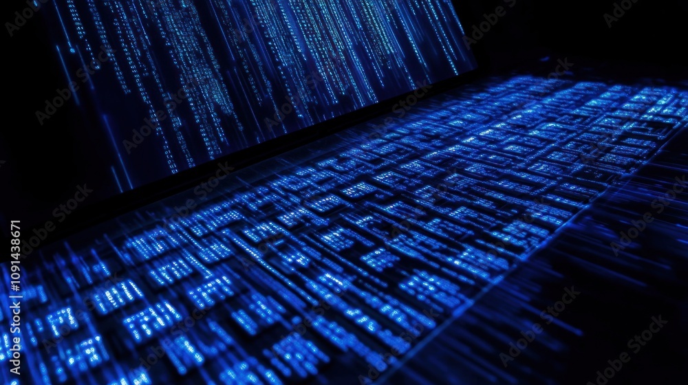 Poster futuristic laptop with glowing blue code patterns illuminating the keyboard and screen in a dark set