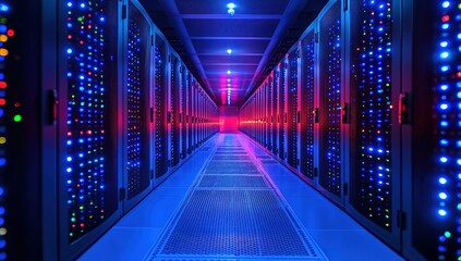Fototapeta premium A long hallway with blue lights and a red light