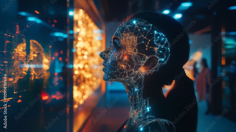 Poster A person engages with interactive digital displays in a contemporary gallery setting. The vibrant visuals illuminate their profile, showcasing a blend of technology and artistry.