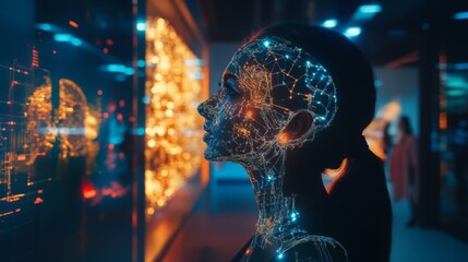 Obraz premium A person engages with interactive digital displays in a contemporary gallery setting. The vibrant visuals illuminate their profile, showcasing a blend of technology and artistry.