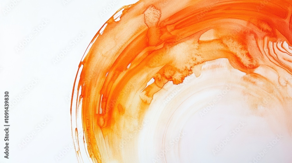 Poster vibrant orange circular watercolor brushstroke on a clean white background, showcasing fluid texture