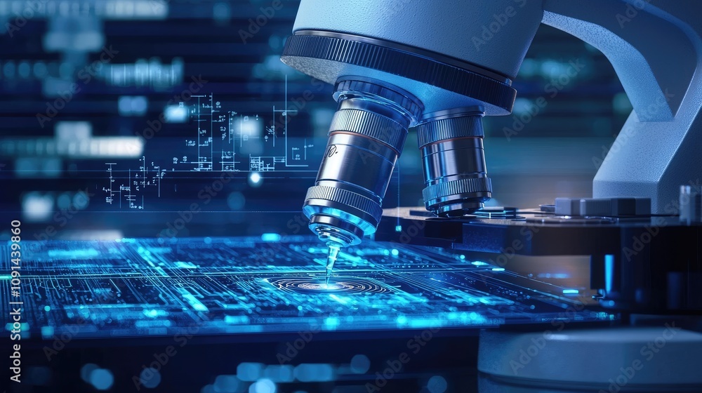 Poster advanced microscope analyzing data on a futuristic, illuminated surface