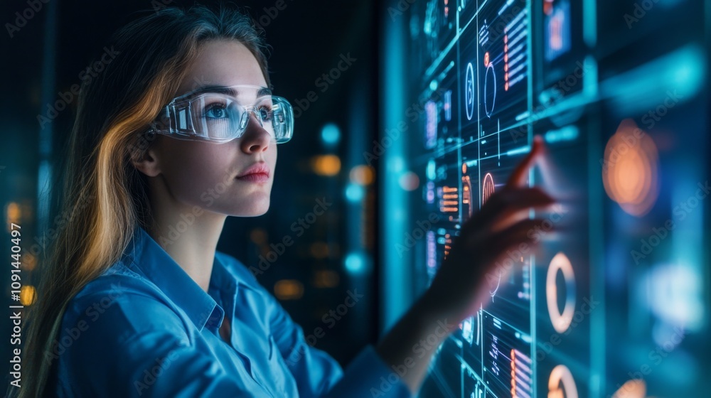 Poster A young woman in glasses is focused on a digital display filled with charts and graphs, navigating through data in a contemporary office setting illuminated by artificial lights.