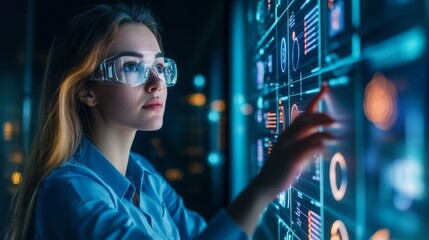 A young woman in glasses is focused on a digital display filled with charts and graphs, navigating through data in a contemporary office setting illuminated by artificial lights.