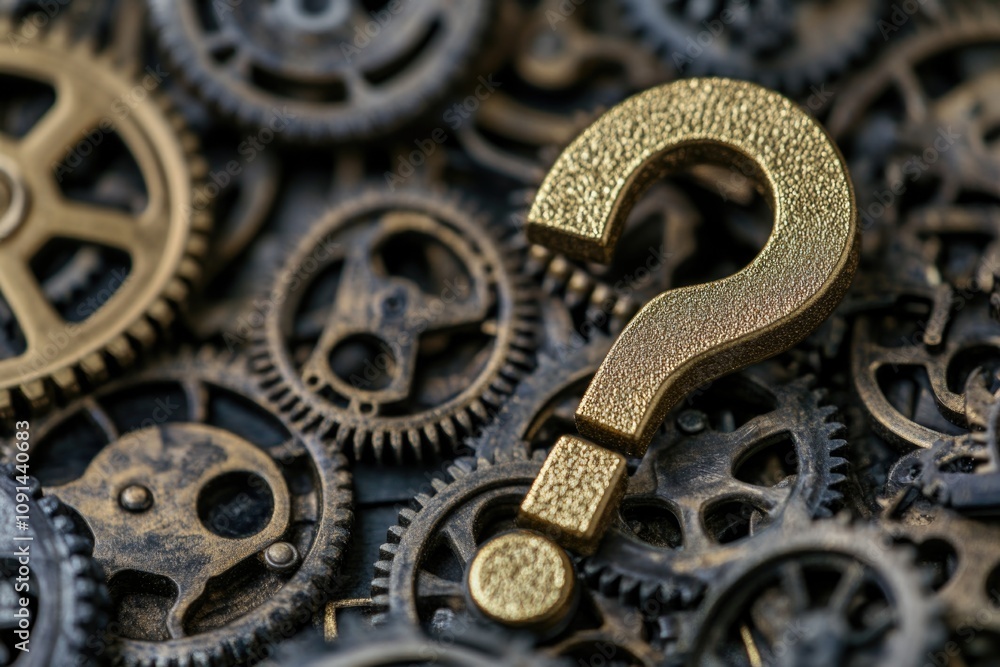 Aufkleber a golden question mark symbol on top of a pile of gears, perfect for use in educational or technical