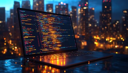 A laptop computer is open to a screen displaying a colorful code