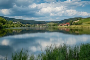 Fototapeta premium A serene lake scene with lush greenery and tree surroundings, ideal for use in outdoor or nature-themed projects