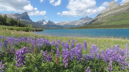 Obraz premium Field of Purple Lupines by Turquoise Lake