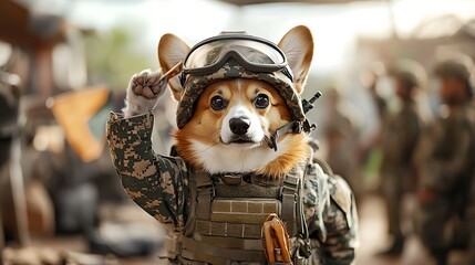 Military Corgi in Tactical Outfit Wearing Helmet and Goggles, Saluting with Paw, Surrounded by Soldiers and Equipment in a Camp Setting