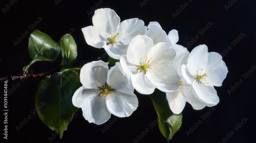Poster a detailed view of small white flowers growing on a thin branch, ideal for using in designs and proj