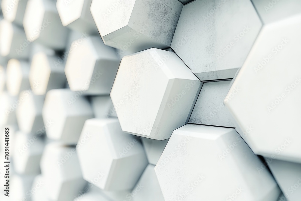 Poster a close-up shot of a wall made up of interlocking white hexagons